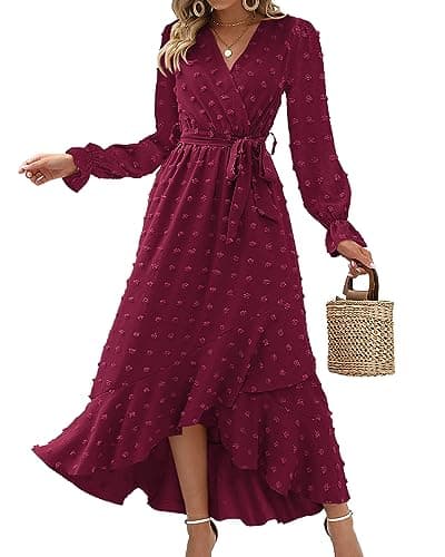 BTFBM Long Sleeve Maxi Dresses for Women V Neck Swiss Dot Boho Flowy Slit Cocktail Wedding Guest Dress Fall Clothes 2025(Wine Red, Medium) - Image 1
