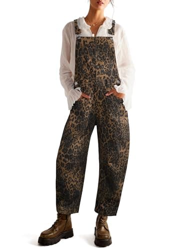 Qazel Vorrlon Denim Overalls for Women Leopard Print Barrel Wide Leg Bib Baggy Jeans Adjustable Romper Stretch Cheetah Y2K Pants - Image 1