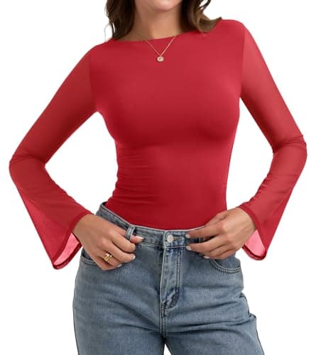 PINKMSTYLE Womens Sexy Sheer Mesh Bell Sleeve Shirts Boat Neck Ruched Top Date Night Outfit Red X-Large - Image 1