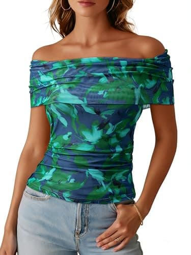 Dokotoo Women's Sexy Club Night Out Tops Leopard Mesh Sheer Overlay Ruched Fitted Bardot Shirt Green Flower Medium - Image 1