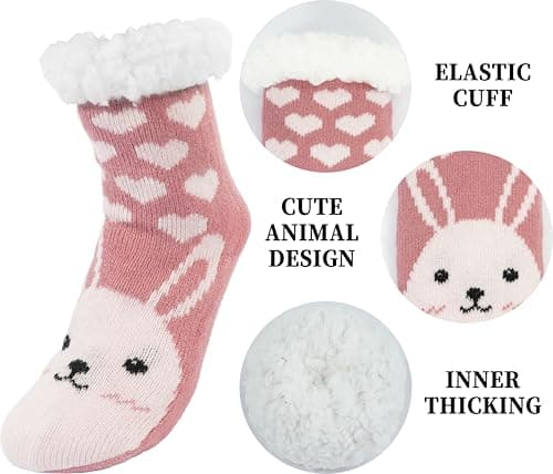 BenSorts Child Girls Christmas Slipper Socks Winter Warm Fleece Lining House Fuzzy Soft Sherpa Cozy Socks Gift Purple Reindeer Pink Bunny 2 Pairs 8 9 10 11 12 Years - Thumbnail 4