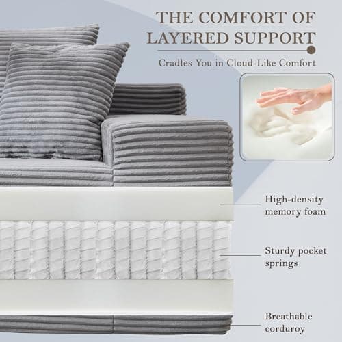 105’’ L-Shape Modular Sectional Sofa with Chaise, Convertible Cloud Couch, Corduroy Fabric & High-Density Memory Foam, No Assembly Required for Living Room (Grey, Right Facing Chaise) - Thumbnail 4