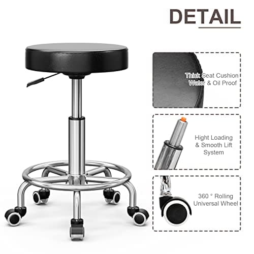 Icoget 360 Swivel Round Rolling Stool Chair, Height Adjustable Salon Shop Stool, Drafting Work SPA Medical Stools Office Chair with Wheels, Black - Thumbnail 4