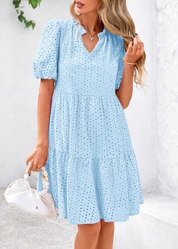 KIRUNDO Eyelet Summer Dresses for Women 2026 Mini Casual Hollow Out Short Sleeve Lace Tiered V Neck Shift Dress Pockets(Light Blue, Large) - Thumbnail 5