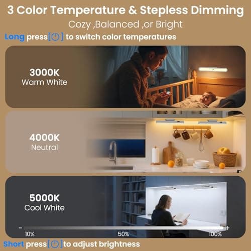 Motion Sensor Light Indoor with Battery Display,3000mAh Rechargeable Under Cabinet Lighting Magnetic Light Bar 300LM Battery Operated Closet Light Makeup Lights Stick On (White-A, Touch Control) - Thumbnail 4