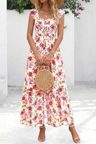dowerme Womens Summer Maxi Dresses 2026 Casual Ruffle Sleeve Button Smocked Floral Slit Boho Dress Spring Beach Sundress(White Pink Flower,Medium) - Thumbnail 3