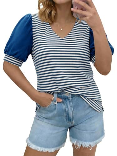 Tankaneo Womens Puff Sleeve Striped T-Shirts Summer V Neck Color Block Tops Trendy Casual Loose Fit Blouses Blue - Image 1