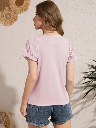Women Deep V Neck Low Cut Tops Casual Henley T-Shirts Summer Ruffle Short Sleeve Tees Pink - Thumbnail 6