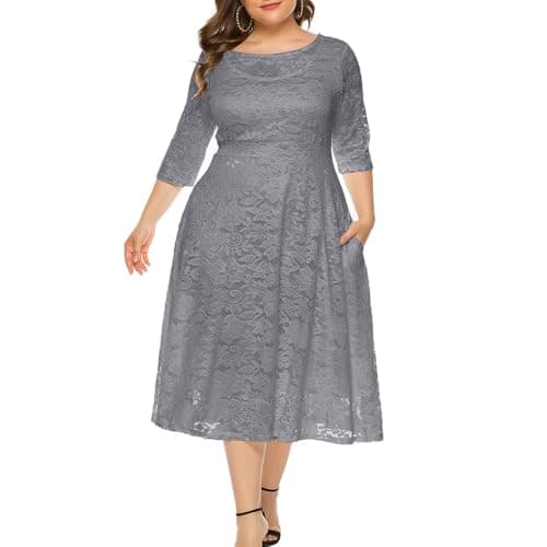 Eternatastic Womens Scooped Neckline Floral lace Top Plus Size Cocktail Party Midi Dress 3XL Gray - Image 1