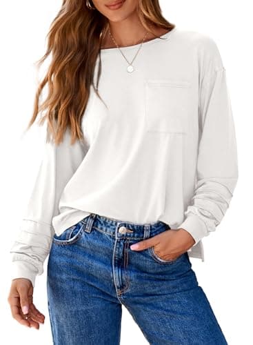 Dokotoo Going Out Tops for Women Fashion 2026 Trendy Dressy Casual Crewneck Long Sleeve Shirts Loose Fit Side Slits Basic Shirts Ladies Pullover White Tops XX-Large - Image 1