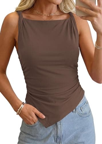 KIRUNDO Asymmetrical Tops for Women Summer Sleeveless Twist Straps Slim Fit Y2K Ruched Tank Shirts Going Out Top Resort Wear(Brown, Small) - Image 1