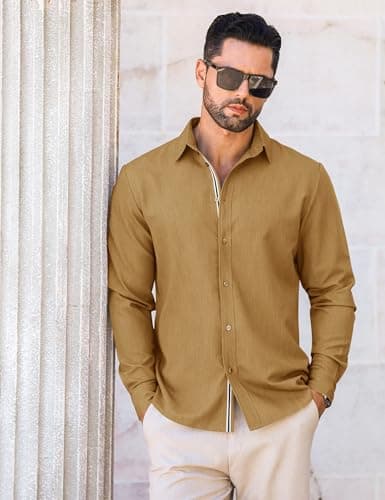 LETSEE Men's Button Down Dress Shirt Long Sleeve Untucked Business Casual Shirt Wrinkle Free Stretch Denim Texture - Thumbnail 3