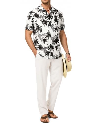 JMIERR Men 2 Piece Outfit Tropical Floral Shirt Short Sleeve Hawaiian Beach Button Down Shirt Casual Loose Pant Sets - Image 1