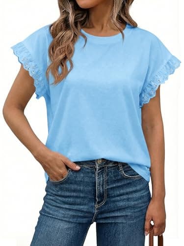 Tankaneo Womens Summer Crewneck T Shirts Lace Cap Sleeve Tops Dressy Casual Loose Fit Work Basic Tees Outfits 2026 Light Blue - Image 1