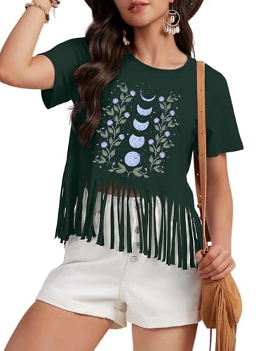 Graphic Tees for Women Flowers Shirt Casual Summer Boho Floral T Shirt Fringe Top Aesthetic Flowers Moon T-Shirt - Image 1