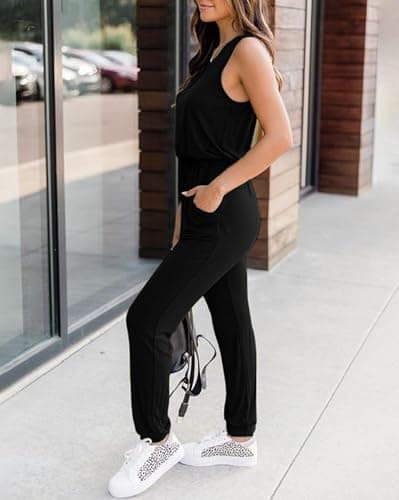 KIRUNDO Women 2026 Summer Jumpsuits Casual Sleeveless Drawstring Elastic Waist Romper Vacation Cruise Airport Travel Outfits(Black, Small) - Thumbnail 6