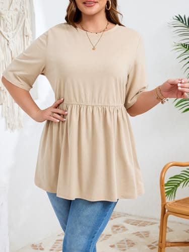 Beautife Womens Plus Size Summer Babydoll Tops Short Sleeve Crew Neck T Shirts Peplum Casual Loose Fit Blouse Khaki - Thumbnail 4