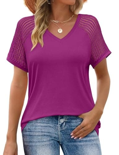 JUSTFASHIONNOW Short Sleeve Blouses for Women Dressy Casual Summer Tops Business Work V Neck Shirts Spring Clothing（Purple,X-Large - Image 1