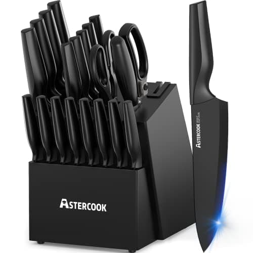 Knife Set, Astercook 21 Pieces Knife Sets for Kitchen with Block, Dishwasher Safe Kitchen Knife Set with Built-in Sharpener, German Stainless Steel Black Knife Block Set - Image 1