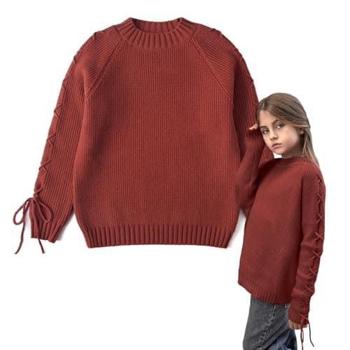 Curipeer Girls Sweaters Crewneck Long Sleeve Lace Up Pullover Knit Tops 7-8 Years - Image 1