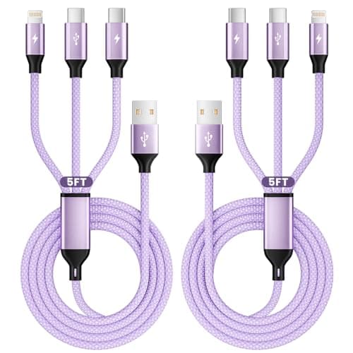 2Packs 4FT Multi Charging Cable with 2 USB-C/IP Port, Purple Charging Cords for Multiple Devices, USB C Splitter Cable, Universal Charger Cord Car Accessories for iPhone17-8, Androids iPad and More - Image 1