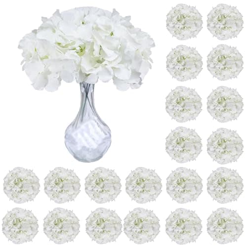 BSMYBO 50pcs Hydrangea Artificial Flowers White Faux Hydrangea Flowers Heads with Stems Silk Flowers for Wedding Arch, Table Centerpieces, Home, Garden, Baby Shower, Party Decor - Image 1