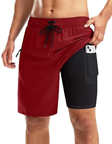 Pinkbomb Men's Swim Trunks with Compression Liner 9 Inch Quick Dry Swimsuit Swimming Swim Board Shorts for Men with Pockets (Red, S) - Image 1