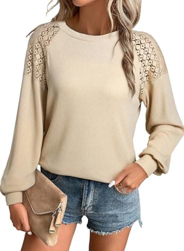 EVALESS Women's Tops Long Sleeve Crewneck Knit Shirts 2025 Spring Trendy Outfits Ladies Cute Lace Patchwork Waffle Basic Tshirts Womens Cute Loose Fit Dressy Blouses Clothes Beige Large - Image 1