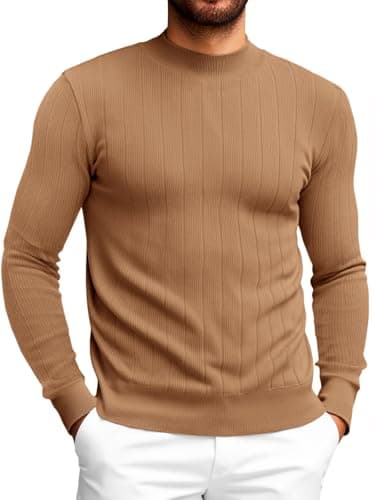 Runcati Mens Mock Turtleneck Sweater Slim Fit Casual Ribbed Knitted Pullover Fall Winter Basic Warm Sweaters Brown - Image 1
