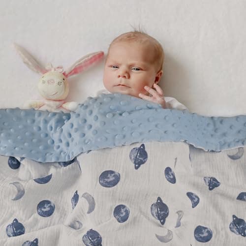 GLLQUEN BABY Blankets for Unisex Boys Girls, 2-Pack Muslin Cotton Front Soft and Breathable, and Dotted Fleece Backing, Printed Bed Nursery Minky Blankets for Toddler Newborn, Space, 30 x 40 inches - Thumbnail 6