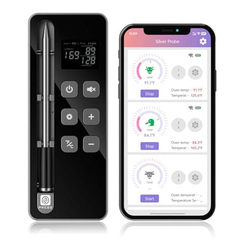 Smart Bluetooth Wireless Meat Thermometer with Display Base, NIST ±0.5°F Accuracy, 1000°F Heat-Resistant Ultra-Thin Probe, Long-Range 10X Sub-1G Signal, WiFi Range for BBQ, Grill, Oven & Smoker–Silver
