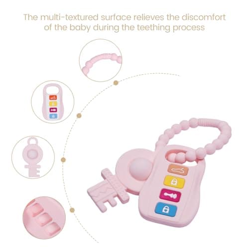 Silicone Baby Ring Toy with Two Teethers,Must Haves Teething Relief Chew Toys for 0-6,6-12 Months Boys and Girls,Newborns Essentials,Safe and Soft,BPA Free. (Keys) - Thumbnail 2