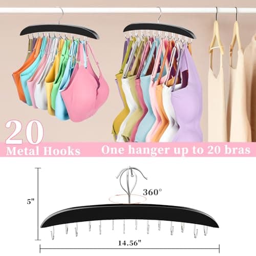 2 Pack Bra Organizer for Closet, 360° Rotating Bra Hanger Space Saving w/20 Foldable Metal Hooks, Tank Top Hanger Closet Organizers and Storage for Camisoles/Tank Tops/Bras/Belts/Scarves Black - Thumbnail 2