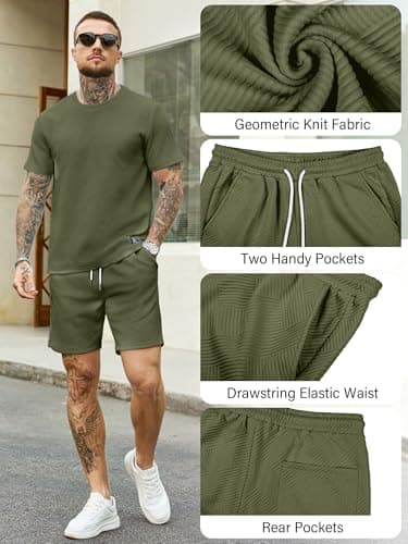 JEMLDL Mens Army Green 2 Piece Set Summer Jacquard Texture T-Shirt Shorts Casual Lounge Wear Sweat Outfit Olive Green L - Thumbnail 6