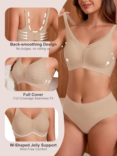 COCOMARTS Jelly Bras for Women No Underwire Push Up Deep V Mesh Comfort T Shirt Bralette Wireless Seamless Everyday Bra Nude 3X-Large - Thumbnail 2