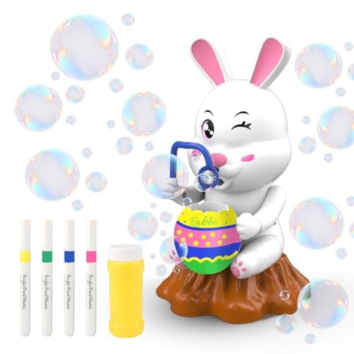 Easter Bunny Bubble Machine with DIY Egg Painting Kit, Electric Bubble Blower for Kids, Includes 4 Color Markers Easter Gifts for Children (White)