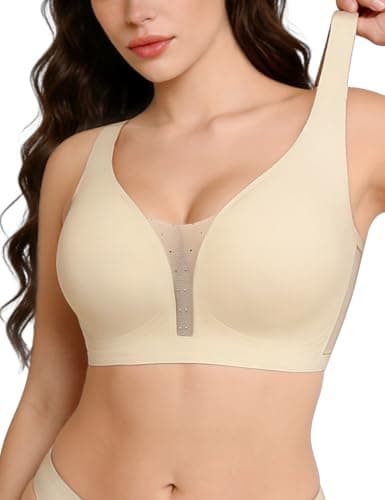 REALWILL Seamless Jelly Bra for Women Supportive No Underwire Lingerie Sexy V Mesh Wide Strap Bras Comfortable Tshirt Bra Cream White L - Image 1