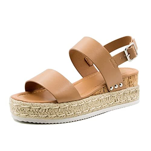Athlefit Women's Espadrilles Platform Wedge Sandals Casual Open Toe Ankle Strap Buckle Summer Sandals, Khaki, Size 6, AD00502 - Image 1