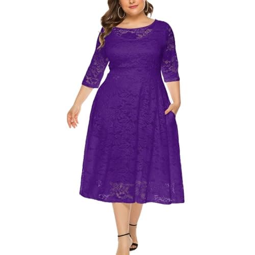 Eternatastic Womens Scooped Neckline Floral lace Top Plus Size Cocktail Party Midi Dress 4XL Deep Purple - Image 1