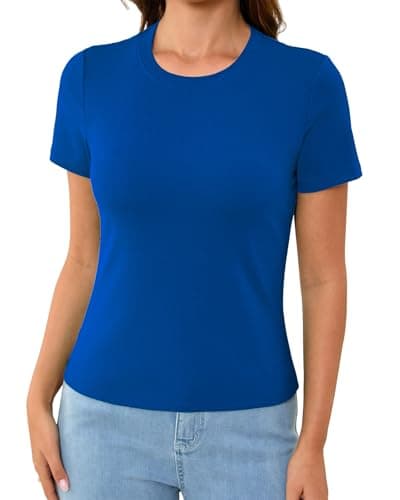 Abardsion Cotton Basic Tees for Women Spring Outfits Tops 2026 Short Sleeve Crewneck Slim Fit T Shirts (Royal Blue, XL) - Image 1
