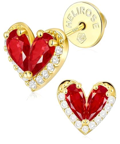 Helirose Heart Stud Earrings for Women, S925 Sterling Silver Posts 14K Gold Plated, Hypoallergenic Jewelry, Gift Box & Message Card, Perfect Valentine's Day Gift for Her (Red-Gold) - Image 1