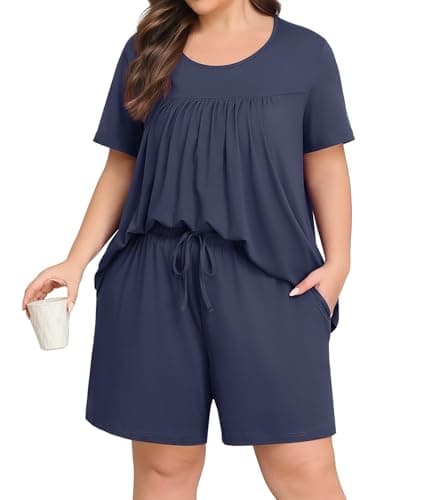 Lastshe Plus Size Pajama Set for Women Summer Short Sleeve Shorts Ladies Pjs 2 Piece Soft Lounge Set with Pockets Sleepwear,Dark Blue-1X - Image 1