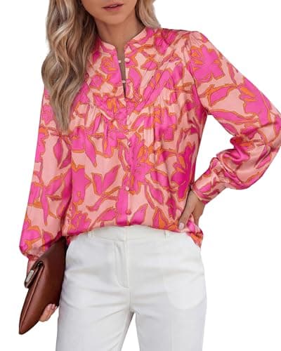 BTFBM Womens Tops Dressy Casual Spring 2026 Boho Floral V Neck Long Sleeve Half Button Down Shirt Work Business Blouses(Big Floral Pink, Medium) - Image 1