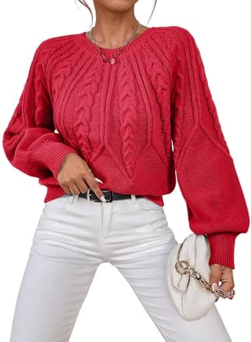 Dokotoo Black Sweaters for Women 2025 Winter Trendy Cozy Crewneck Long Lantern Sleeve Warm Sweater Cable Knit Chunky Loose Pullover Jumpers Large - Image 1