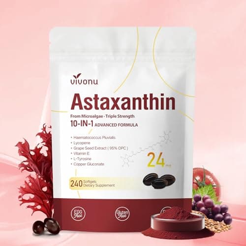 10 in 1 Astaxanthin Supplements 24mg, 4 Month Supply, Astaxantina Antioxidant from Fresh Haematococcus Pluvialis, Contains Lycopene, Grape Seed, Vitamin E, & More Supports Eye, Joints, Skin Health - Image 1