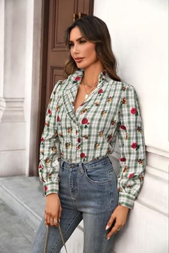 LOOKBOHO Women's Spring Blouse 2026 - Ruffle Collar Button Down Tops Dressy Elegant Plaid Retro Shirts for Casual, Office, Work, Everyday Wear Green Gingham Large - Thumbnail 2