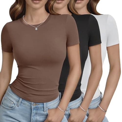 GAYHAY 3 Pack Basic Tees for Women - Crew Neck Slim Fit Tight T Shirts Cute Y2K Trendy Crop Tops Clothes for Casual Summer 2025 Black White Brown - Image 1