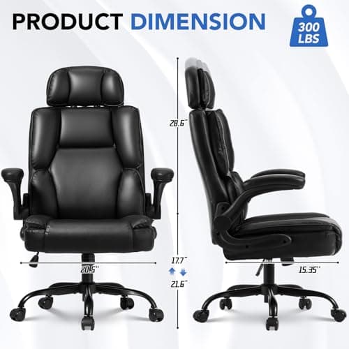 Avocahom Comfy Office Chair with Adjustable Headrest,Executive Leather Desk Chair with Lumbar Support,Rocking Function,Ergonomic Gaming Computer Chair Having Flip Up Arms, Black - Thumbnail 3