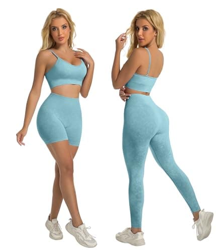 YOAKUKA Women's 4 Piece Workout Sets Seamless Acid Wash Yoga Outfits with Short Sleeve Top Sports Bra Biker Shorts High Waist Leggings Active Set - Thumbnail 3