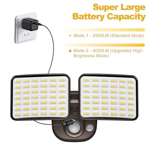 YTKIH Rechargeable Battery Operated Motion Light 2500LM & 4000LM Motion Sensor Security Light(1-3 Months Endurance) USB Charging LED Flood Light Outdoor (Brown) 1 Pack - Thumbnail 2